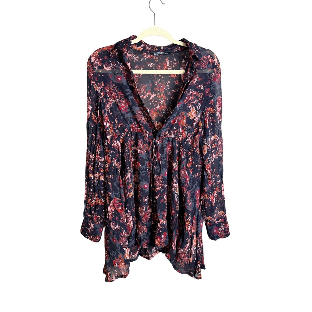 Zara Woman Floral Tunic Top Navy Red Boho V-Neck Blouse XS - Picture 2 of 7